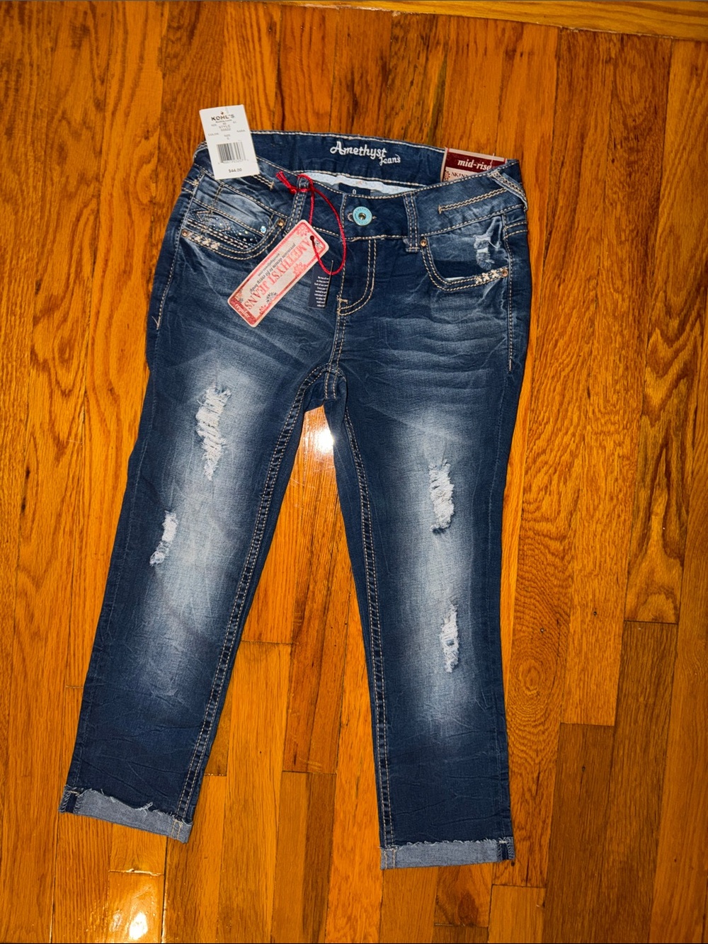 Amethyst Jeans Dark Blue Distressed Cropped Mid- Rise Jeans
